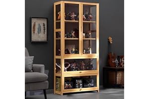 KUYATE Glass display cabinet,Glass door antique cabinet,Antique cabinet display cabinet Natural bamboo frame, single/double door design,Convenient Storage 80x32x170cm/L31.5xW12.6xH66.9in Wood-color