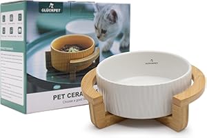 GLÜCKPET Cuenco de Cerámica para Gato, Base de Madera de Bambú, 400 mL, Blanco
