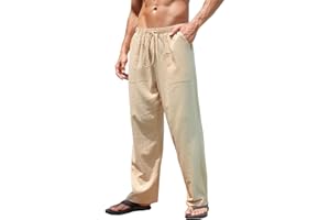 Yutdeng Pantalones Largos de Hombre Pantalones de Lino Algodón Ligeros Pantalón Casuales Verano Pants Rectos Cómodo y Respirable Pantalones de Playa con Bolsillos Cordón