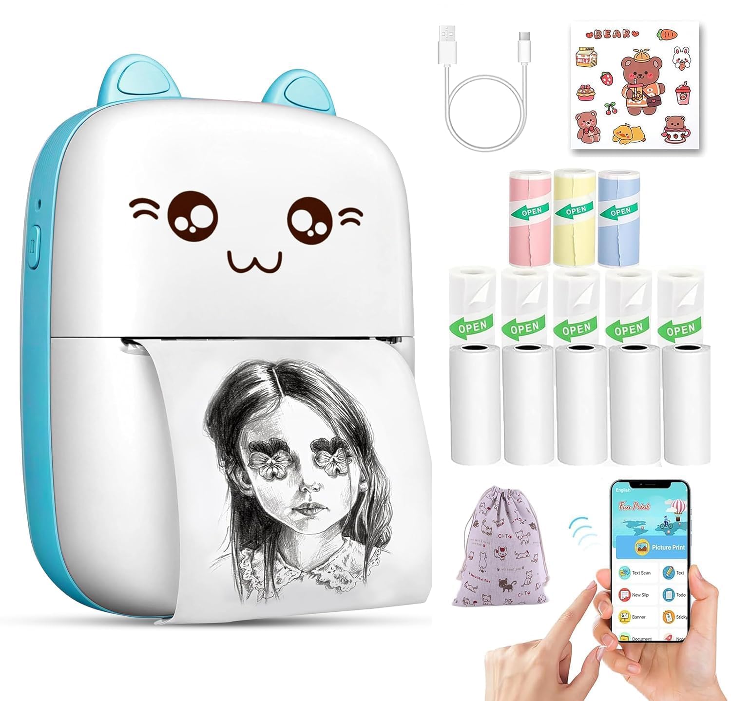 MOROVIK Mini Bluetooth Thermal Printer, Portable Label Printer Inkfree Printer for Android & iOS System, Black on White Therm