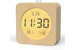 aboveClock Réveil Numérique en Bois, Réveil Matin LCD Horloge Numérique avec Affichage Date, Température, Fonction Snooze, Rétro-éclairé, Alimenté par Pile, Bois Clair