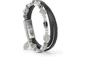 SHIEAGLELD Pulsera Hombre, Pulsera de Cuero para Hombre con Medalla de San Benito y Cruz, Joyero Exclusivo, la Idea de Regalos para Hombres