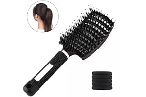 ALIMAN BRAND Cepillo Pelo + 5 Coleteros – Antitirones – Efecto Masaje – Peine Desenredante – Cepillo Cerdas Jabali – Todo Tipo de Cabello (Negro)