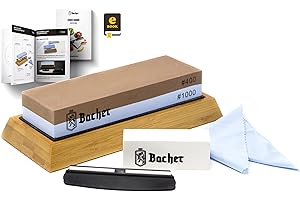 ‎BACHER BACHER kamień wodny premium, podwójna gradacja 400/1000, ostrzałka kamienna do noży z prowadnicą, antypoślizgową podstawą bambusową, kamieniem do wyrównywania powierzchni i przewodnikiem e-book