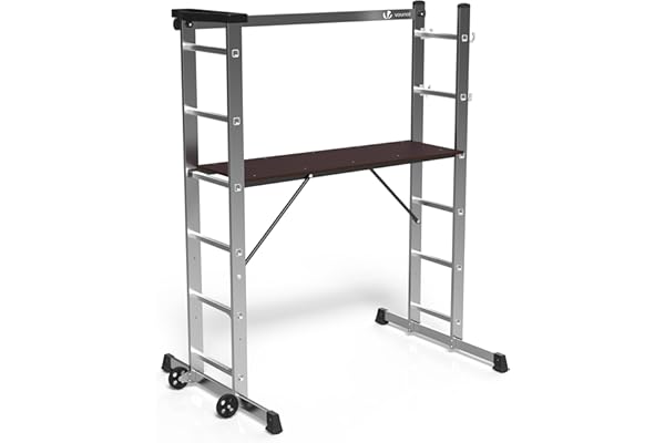 VOUNOT® Échafaudage Aluminium 3 en 1 Échelle Stable Multifonction avec Plateforme de Travail : 120 x 40cm Charge Max 150KG 6 Postions Échafaudage Mobile sur Roues avec Support à Outils Argenté