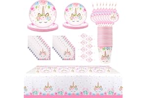 Opopark 81 Stück Einhorn Partygeschirr Set, Geburtstag Partygeschirr Einhorn Teller Set Einhorn Geburtstagsdeko Party Supplies für Mädchen Kindergeburtstag
