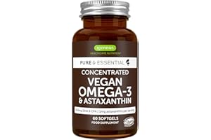 IGENNUS HEALTHCARE NUTRITION Igennus Vegan DHA & EPA Omega 3 1344mg Algae Oil & Astaxanthin Antioxidant, Lab Tested Pure & Sustainable, 60 Small Softgels, 400mg DHA & 200mg EPA, Easy-to-Swallow, 30 Servings