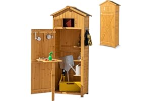 KOMFOTTEU Cobertizo de Madera para Jardín, Armario de Herramientas Resistente a la Intemperie, Caseta con Techo a 2 Aguas, Armario de Almacenaje con Mesa Plegable, 75 x 50 x 180,5 cm