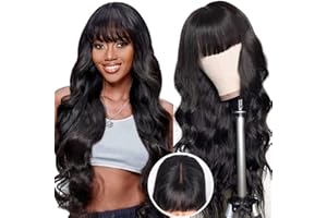 Junemet 26 Pouces Perruque Cheveux Humain Frange 2x4 Lace Perruque Sans Colle Cheveux Humain Glueless Perruque Frange femme Naturelle Brésilien Body Wave Lace Wig Human Hair Couleur Naturelle