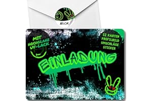 ‎CELEBR8TE celebr8te 12x Graffiti Einladungskarten - Für den Kindergeburtstag von Jungen - grüne Neon Graffiti Geburtstagseinladungen +12 Umschläge +12 Sticker