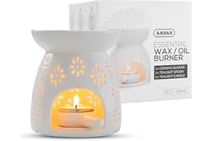 Anbar Star Flower Pattern Ceramic Oil Burner with Tealight Holder & Candle, 90ml Bowl, Glazed Finish, Aromatherapy Wax Warmer Diffuser, Bedroom Decor for Home Relaxation (1)