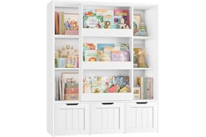 FOREHILL Kids Toy Storage Unit Kids Bookshelf Toy Organiser Childrens Bookcase with Sliding Book Shelves, 6 Open Compartments, 3 Drawers with Wheels for Nursery Playroom White 100x37x120.5cm
