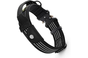 Plutus Pet Tactical Dog Collar with Tracker Packet for AirTag, Adjustable Reflective Nylon Collar, Metal Buckle, Leather-Wrapped Handle, Soft Padded for Medium Large Dogs (Black, M)