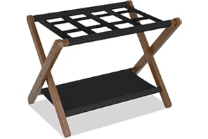 Heybly Luggage Rack, Folding Suitcase Stand with Storage Shelf, Luggage Holder with 5 Nylon Straps for Guest Room Bedroom Hotel, Walnut, HLR010WB1