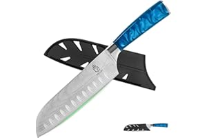 FULLHI Couteau santoku, couteau japonais de 7 pouces avec garde, couteau de cuisine en acier inoxydable pour la coupe de sushis avec étui (Résine bleue)