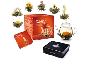 Creano ErblühTee Mix - zestaw prezentowy "ErblühTee" ze szklanym dzbankiem i 6 kulkami do herbaty biała + pudełko magnetyczne z 6 kwiatami herbaty białej herbaty, łącznie 12 herbat kwitnących w 6