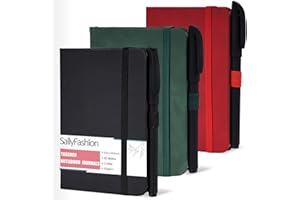Sallyfashion Notatnik A6 w linie, 3 sztuki, mini notatnik z długopisem, mały notatnik, skórzane notatniki z długopisem, 9,5 cm x 14 cm (80 kartek/szt.), notatnik