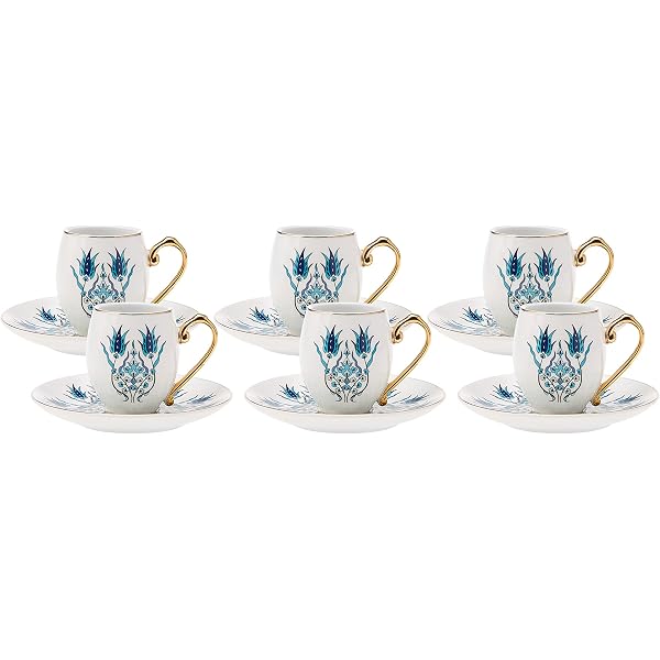 Set De 2 Tasses à Café Karaca Globe - Tasses à Espresso/moka 90cc Avec Soucoupes - Porcelaine Blanche Motif Turc Traditionnel