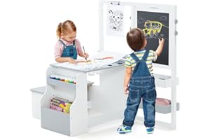 ‎COSTWAY COSTWAY 6-in-1 Children's Easel Set, Wooden Standing Board with Double-Sided Chalkboard & Whiteboard & Paper Roll, Children's Board Height Adjustable with Bench, Shelves for Children from 3 Years