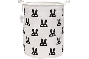 Sea Team 19.7 Inch Large Sized Waterproof Coating Ramie Cotton Fabric Folding Laundry Hamper Bucket Cylindric Burlap Canvas Storage Basket with Stylish Black Bunny Design