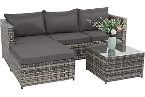 Outopee Patio Sectional Furniture Set, 5 Pieces Rattan Outdoor Conversation Set with Soft Cushion Ottoman and Tempered Glass Coffee Table for Patio, Balcony & Backyard
