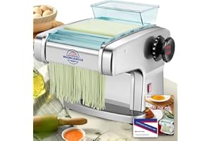 Moongiantgo Machine Pates Fraiches Professionnelle (Acier Inoxydable, Avec Coupeur fine de 2mm, Rond de 2,5 mm, Plat de 4 mm et large de 9mm, Réglage de L'épaisseur à 9 Vitesses 0,5-5 mm)