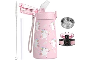 OLDLEY 350ml/12oz Botella Agua Acero Inoxidable para Niños con Pajita para Escuela con 2 Tapas Diferentes Botellas Agua Aisladas Vacío Metal Frasco Pequeño Pequeños Bebidas Frías y Calientes Sin BPA