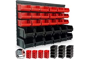 BAKAJI Pannello Da Parete Con 32 Box Portautensili Contenitori Attrezzi Officina Porta Utensili Minuteria Da Garage 65x38cm Montaggio a Muro