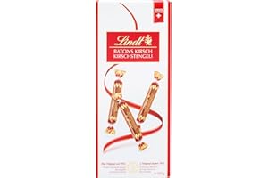 ‎LINDT Lindt Schokolade Batons Kirschstengeli | 125 g | 16 Vollmilchschokoladestengli gefüllt mit flüssigem Schweizer Kirschlikör | Pralinengeschenk mit Alkohol | Schokoladengeschenk