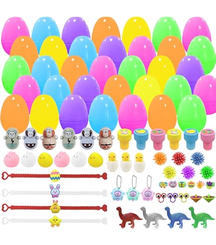 JOYIN 80 Uova Di Pasqua Con Sorpresa: 78 Uova Colorate E 2 Dorate, 6 Cm, Con 40 Mini Giocattoli, Perfette Per Caccia Alle Uova, Cestini E Bomboniere.