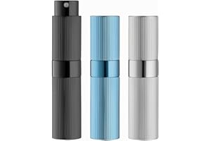 Toureal Aluminiowy rozpylacz do perfum, 8 ml, 3 szt., do ponownego napełnienia, w paski igłowe, rozpylacz perfum, butelka podróżna (czarny, srebrny, niebieski)