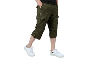 KEFITEVD 3/4 Hose Herren Cargo Shorts Männer Bermuda Shorts Multi Taschen Sommer Kurze Hose Baumwolle Arbeitshose Gummibund Lässig