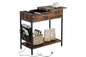 Nicehill Side Table with Charging Station, Narrow End Table with USB Ports, Outlets, Fabric Bags, Storage Shelf, Narrow Bedside Table for Small Rooms, Bedroom, Living Room, Easy Assembly, Rustic Brown
