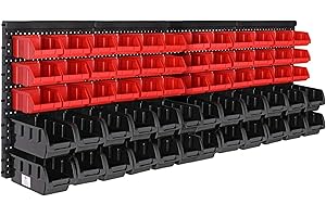 DEUBA MONZANA® 64 Pcs Wall Mount Workshop Storage Bins | Expandable Small Bits Organiser with Stackable Bins | Open Access | 2 Wall Panels | Expandable Plug-in Garage and Warehouse Equipment