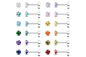 JeryWe 12Pairs 20G Surgical Steel Flat Back Earrings for Women Men Hypoallergenic Birthstone Cubic Zirconia Stud Earrings Set CZ Flatback Stud Cartilage Piercing Sleeper Earrings for Sensitive Ears
