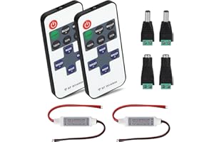 CPROSP 2Pcs LED Strip Controller DC 5V-24V 12A con Cavo e 2 Spine, LED Tape Light Dimmer RF Wireless Remote Control, 11 Pulsanti Monocromatici, Per Strisce LED SMD 5050 3528 2835 5630 a 2 Poli