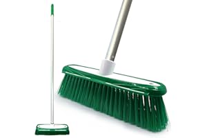 TDBS THE DUSTPAN AND BRUSH STORE Colour-Coded Soft Broom Indoor Sweeping Brush with Stainless Steel Handle and Built-In Scraper, Long Handle for Domestic and Commercial Use (Green)