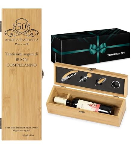 Set Accessori Vino Personalizzato - Cavatappi, Tappo, Salvagoccia In Bambù E Acciaio