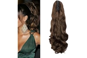 CYBELLEZA Queue de Cheval Postiche Extension Cheveux Naturel Ondulé Bouclés Longue Synthétiques Claw on Ponytail Griffe Monobande (Marron Chatain)