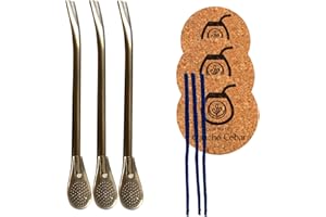 GAUCHO CEBAR Yerba Mate Juego de té con bombilla, pajita de acero inoxidable para té mate (x3) 19 cm, limpiador para pajitas de edeltahl bombilla x3 | almohadilla de corcho x3 | Set para té yerba mate