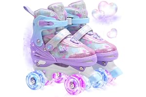 OLYSPM Pattini a Rotelle Bambina con Cuori Sognanti e Ruote Luminose,4 Taglie Regolabili,Pattini 4 Ruote per Bambino Bambini Principianti Regalo