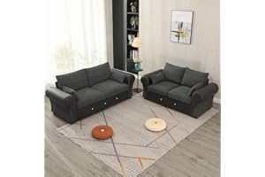 Panana 3 2 Seater Sofa Set Living Room Suite Fabric and Faux Leather Foam Seats High Back Settee Large Couch, Dark Grey