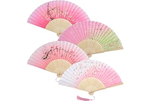 AWCIGG Ventaglio a Mano in Legno Tessuto Seta e Bambù Ventaglio Stile Giapponese Cinese con Nappe Asiatico Ventaglio a Mano per Elegante Donna Matrimonio Estate Bambini Ragazze Uomini 4 Pezzi