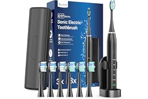 COULAX Cepillo de Dientes Eléctrico Sónico para Adultos y Infantil - Cepillo Electrico con 6 Cabezales y Estuche de Viaje, 5 Modos y Temporizador, Cepillos de Dientes Ultrasónicos, Negro
