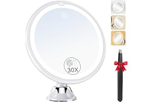 Auxmir Miroir cosmétique avec éclairage, grossissement x 30 avec éclairage et ventouse puissante, 3 modes de couleur, miroir grossissant de 20,3 cm à intensité variable avec lumière, pivotant à 360°