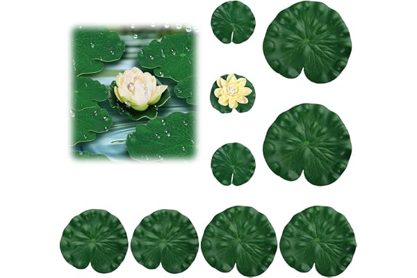 Nénuphars Artificiels pour Bassin Extérieur, 8 Feuilles de Lotus + 1 Fleur en Mousse EVA, Plantes Flottantes Décoratives pour Mini Bassin Aquarium Fontaine Jardin Étang, Réutilisables Étanches Réalist
