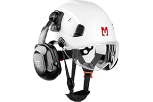 Mustbau Kask ochronny, EN397, z nausznikami i wizjerem, regulowany obwód głowy od 53 do 63 cm, wytrzymały materiał ABS, dla mężczyzn i kobiet