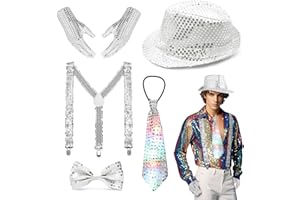 XERTEAM Lot de 6 tenues à paillettes pour homme des années 70 avec cravate LED, chapeau à paillettes, gants, bretelles, nœud papillon - Accessoires pour carnaval, fête, performance dansante, Paillettes