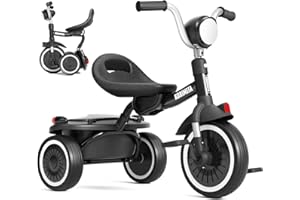 KORIMEFA Bambini Trike Bici Pieghevole Balance Bike con Cestino di Stoccaggio per 1-3 Anni Ragazzi Ragazze Trike con Regolabile Seat & Night Riflettore, Facile da memorizzare, Compleanno Natale (Nero)