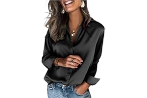 Zeagoo Camicia da Donna Elegante in Raso di Seta Camicetta a Maniche Lunghe con Scollo a V Blusa Basic con Bottoni Unita Maglietta Shirt S-XXL